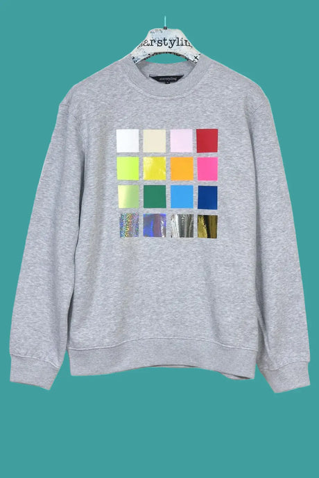 Richter Sweater – detail of the 16-square multicolor foil print on the front