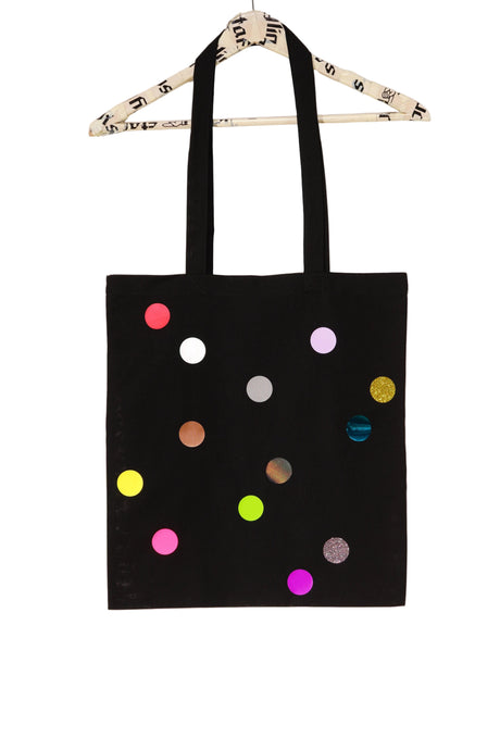 multicolor polka dots on black tote bag