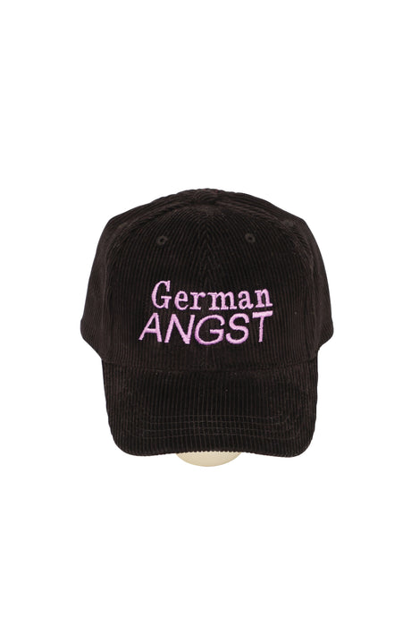 Black corduroy cap with 'German ANGST' embroidered in purple on front