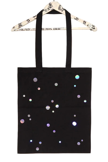 black tote bag with spectral color dots in 3 different sizes backside