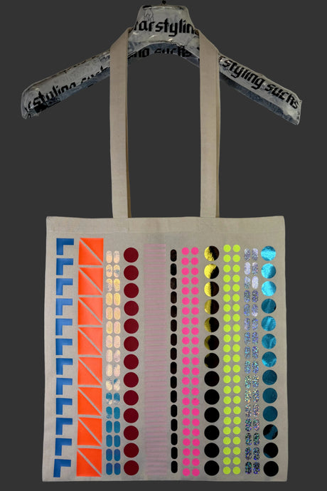 multicolor pattern lines on natural tote bag