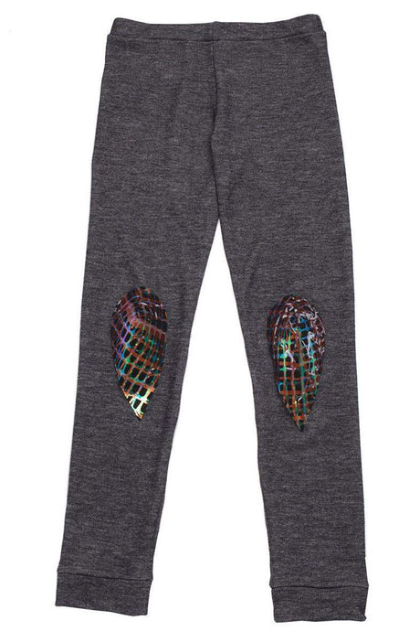 Dark grey leggings with colorful iridescent patch details on both knees