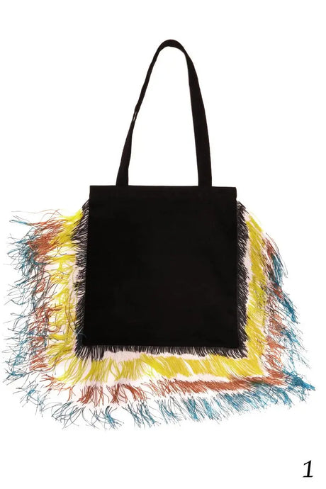 Black square tote bag with multicolor fringed edges on a white background