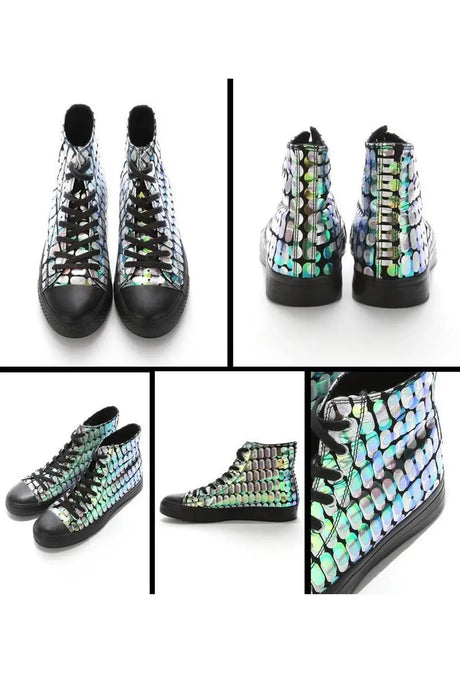 High-top sneakers with iridescent sequin pattern, black laces, and rubber soles
