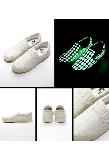White slip-on shoes with reflective geometric pattern, glowing in the dark, shown from multiple angles.