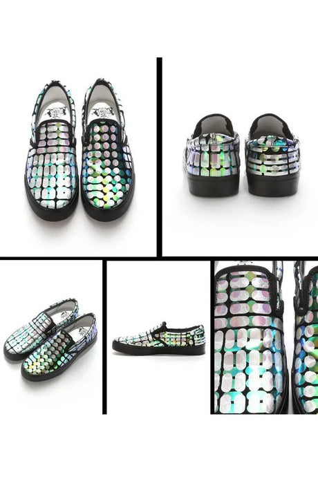 Colorful iridescent slip-on shoes with geometric dot pattern, shown from multiple angles