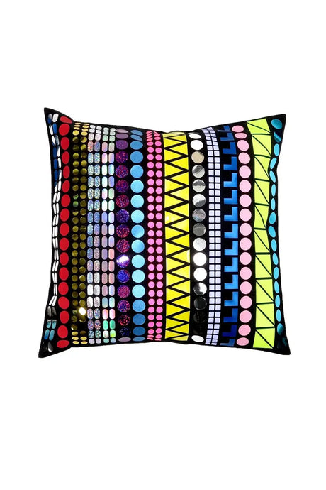 Square throw pillow with colorful geometric patterns and vibrant circle designs on black background