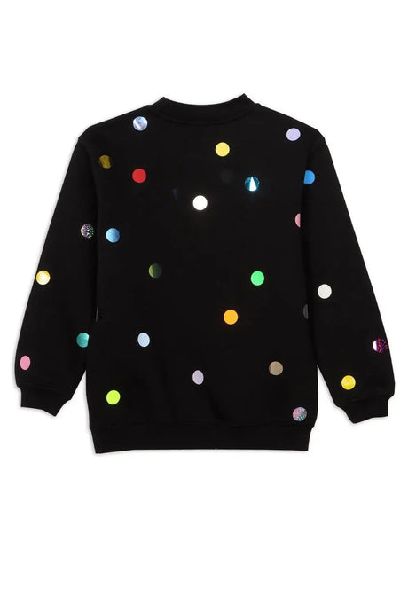 Black sweatshirt with colorful metallic polka dots, playful and unique design
