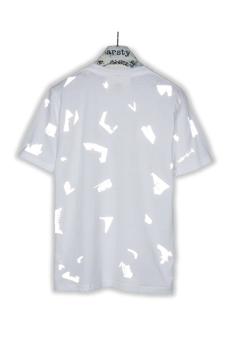 white T-shirt with reflective print