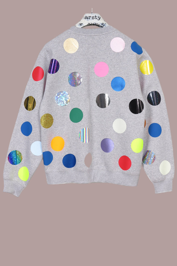 Grey jumper printed with colorful polka Dots 