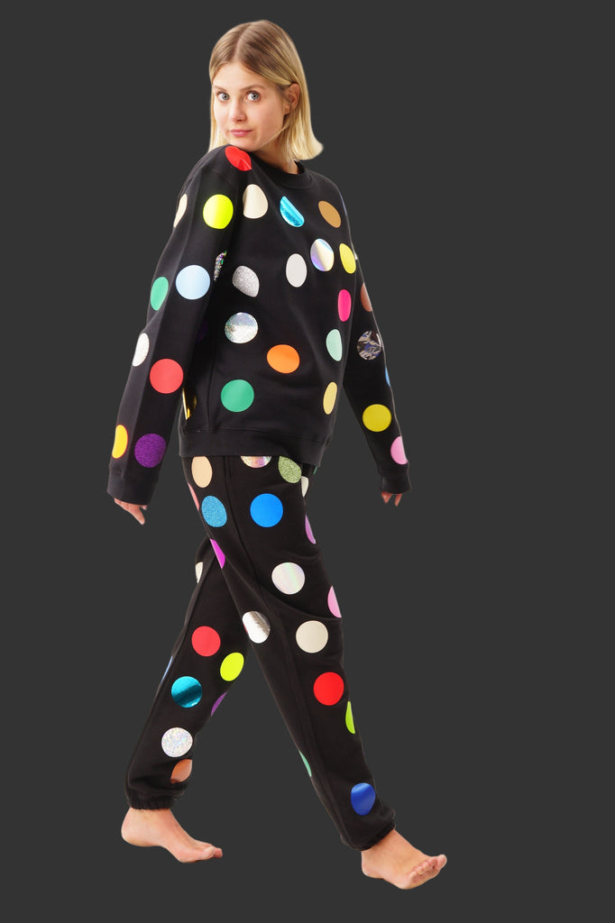 Black tracksuit printed with colorful polka Dots 