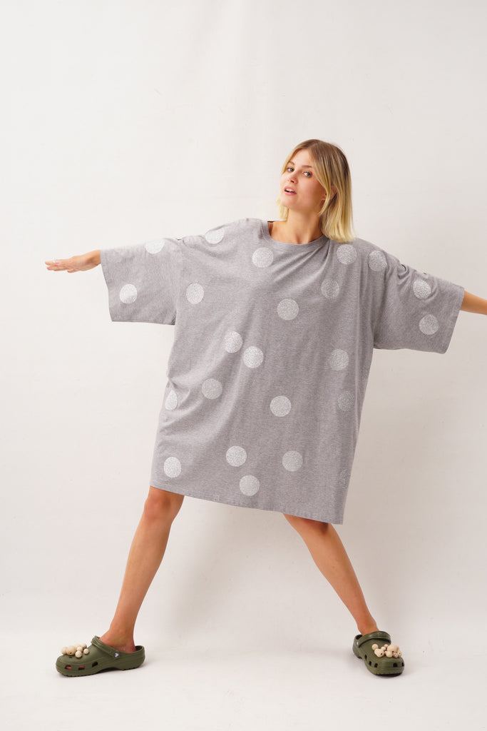 Oversize Grey T-shirt printed with silver glitter polka Dot