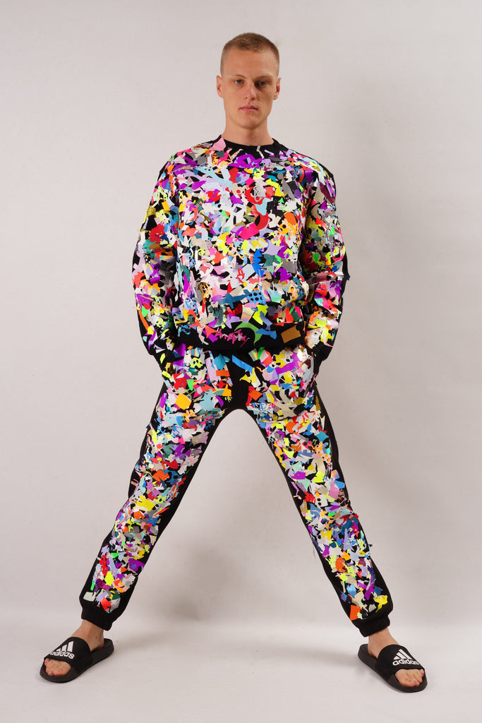 model wearing Jogger with multicolor scrap textured on top