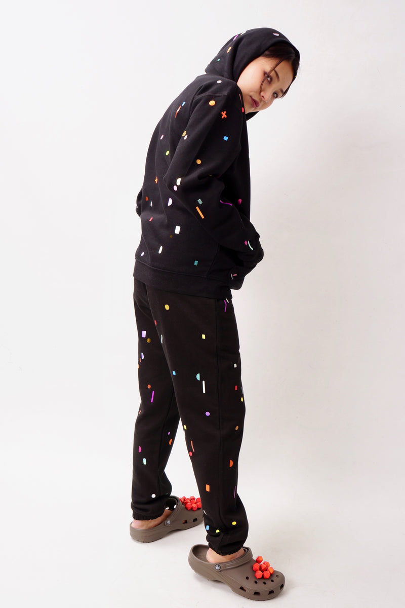 flimmer hoody, small geometric shapes in colorful transfer prints  ON BLACK