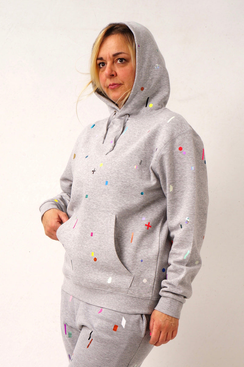 flimmer hoody, small geometric shapes in colorful transfer prints 