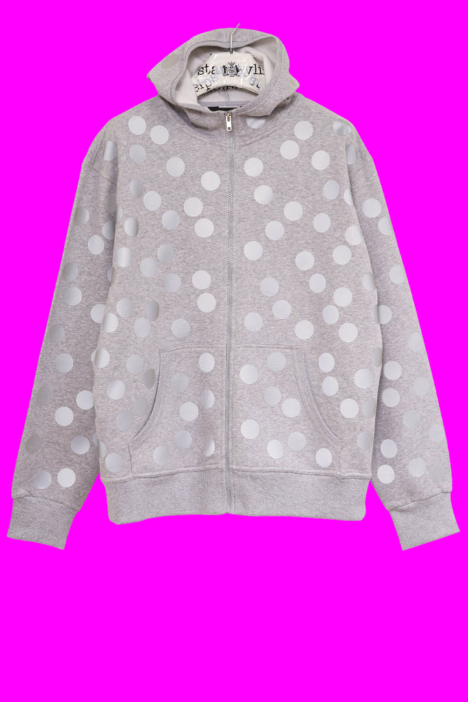 Grey Hoody with zipper printed with reflective polka dots on front and back