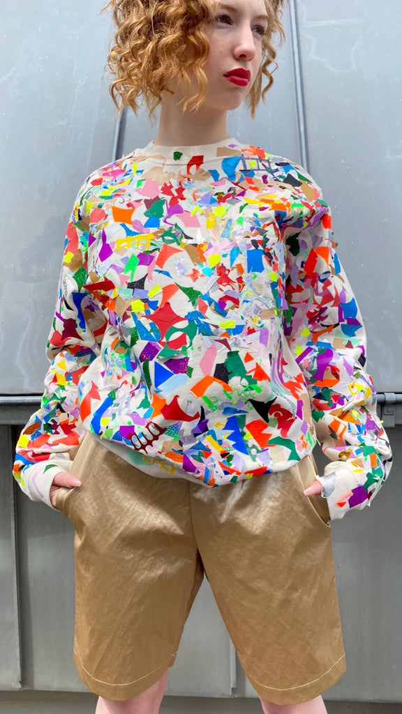 model wearing natural Jumper with multicolor scrap textured on top