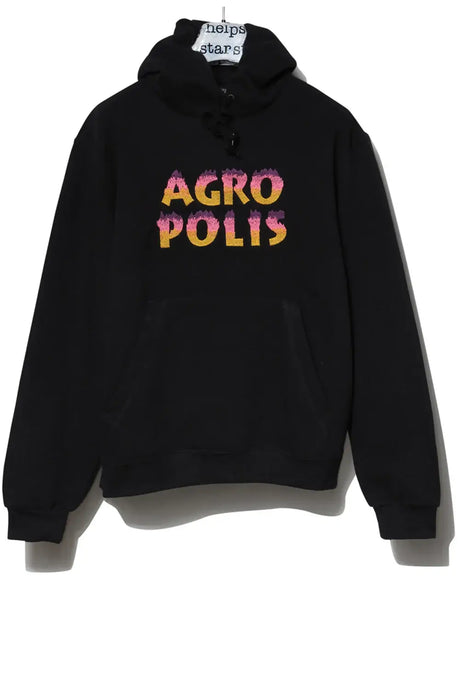 Black hoodie with AGROPOLIS text in colorful gradient print, front pocket, hanging display