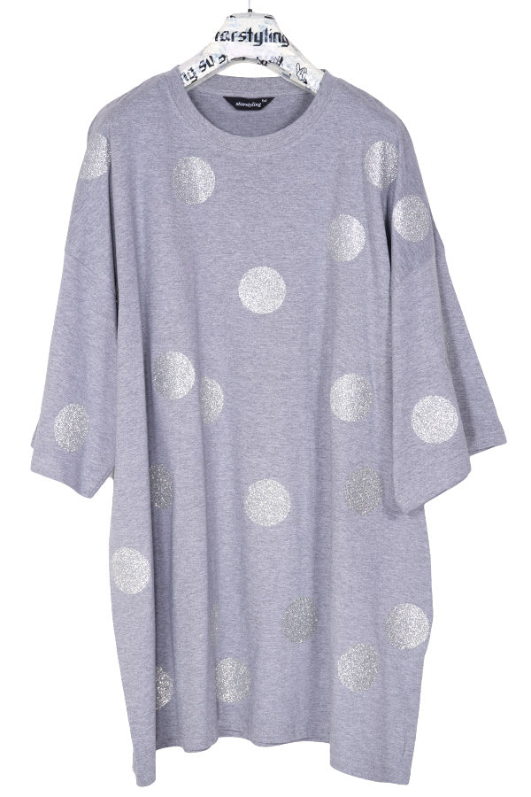 Oversize grey T-shirt printed with silver  glitter polka Dot