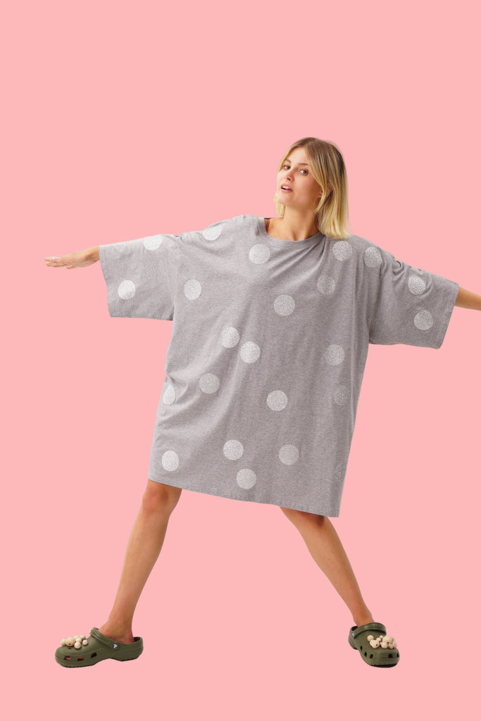 Oversize Grey T-shirt printed with silver glitter polka Dot