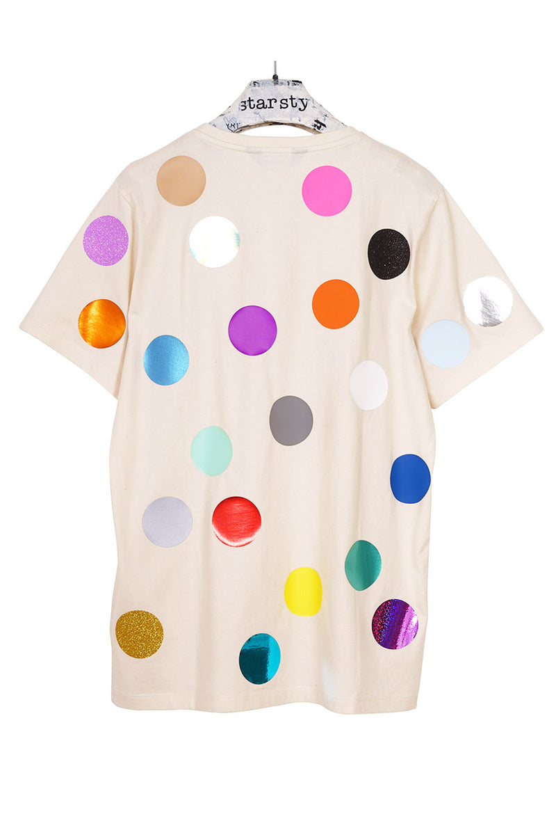 Natural T-shirt printed with colorful polka Dots 