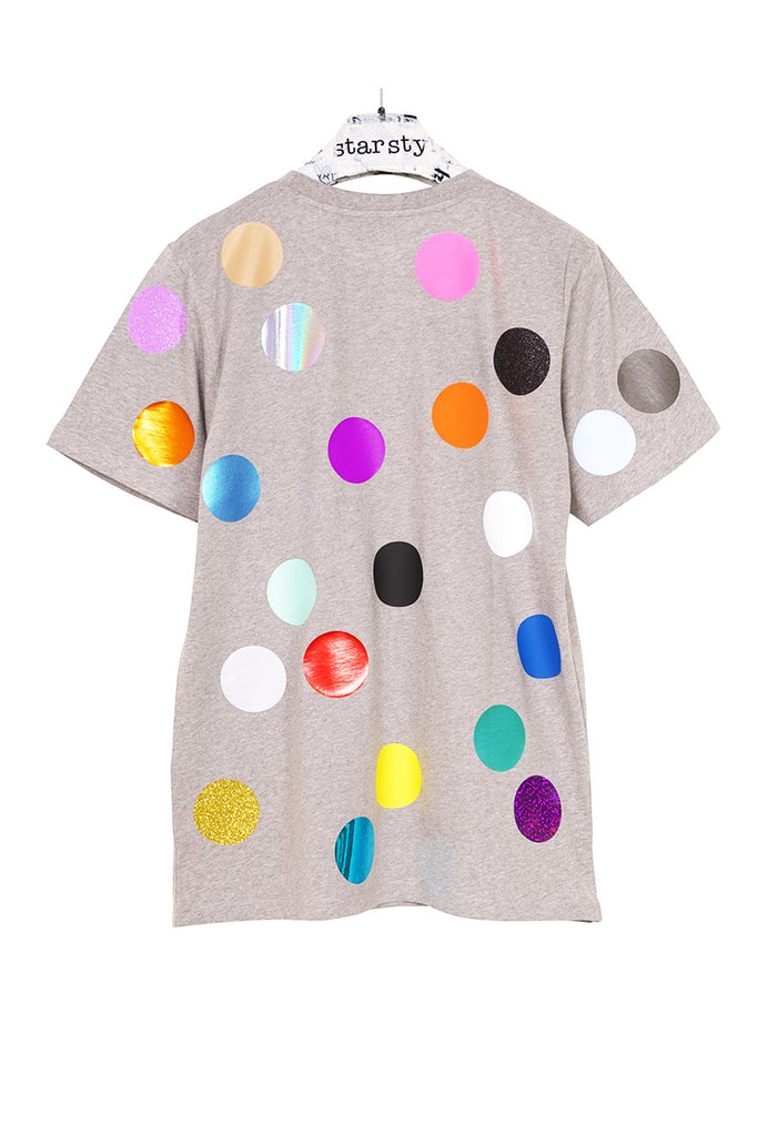 Grey T-shirt printed with colorful polka Dots 