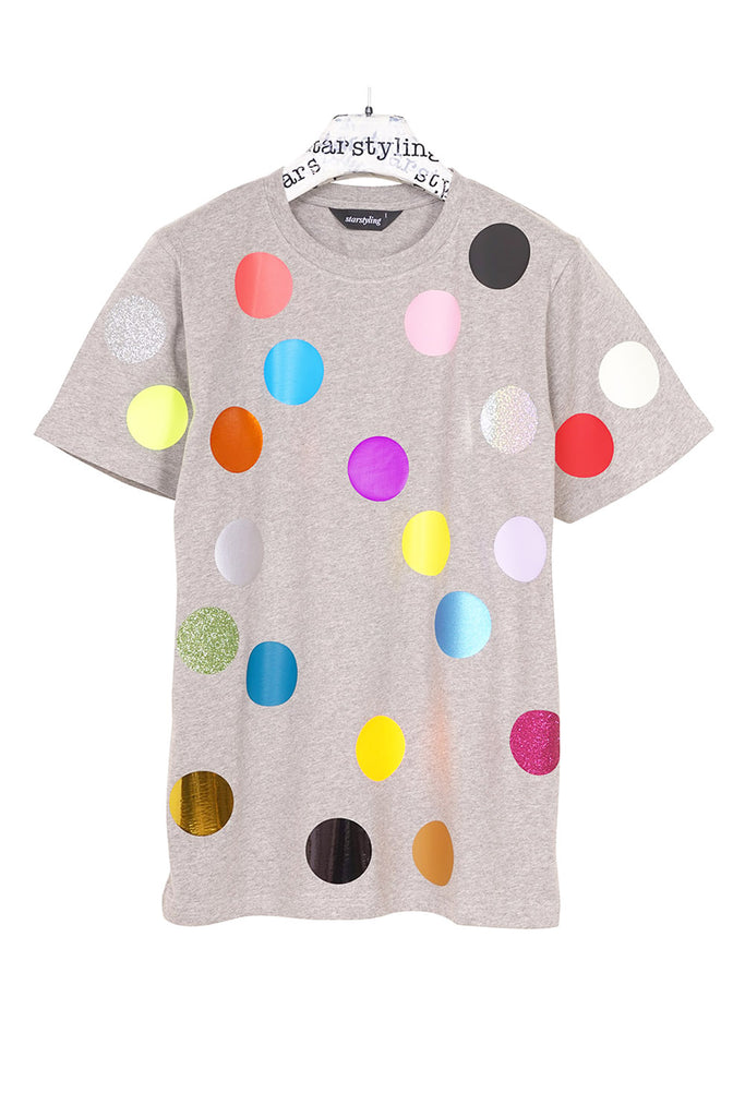 Grey T-shirt printed with colorful polka Dots 