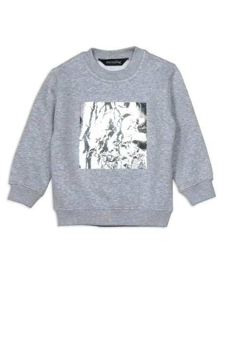 Grey kids sweatshirt with metallic silver square print on front, crew neck, long sleeves.