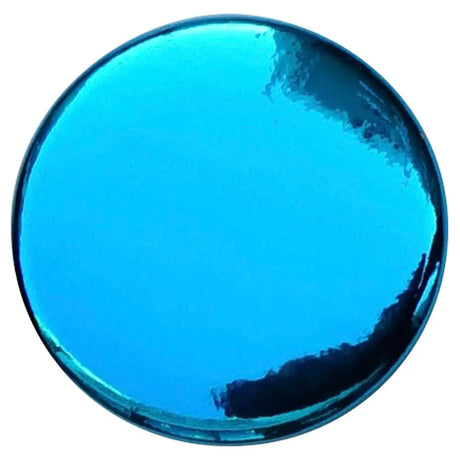 Round glossy blue mirror button with a reflective surface on white background
