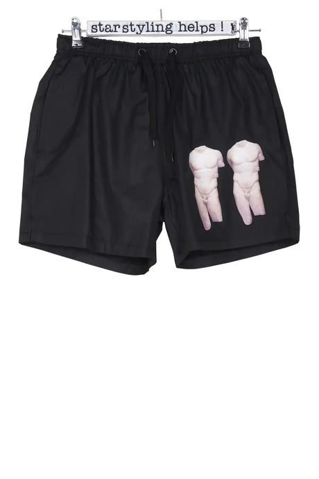 Black shorts with elastic waist, drawstring, and two torso sculpture prints on front