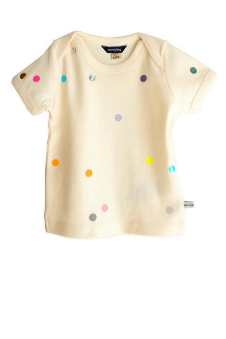 Cream baby t-shirt with colorful confetti dots, short sleeves, and soft cotton fabric.