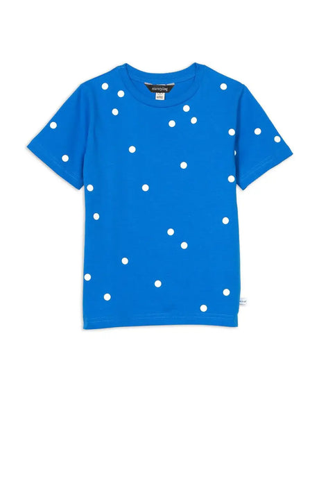 Kids blue t-shirt with white polka dot pattern, short sleeves, crew neck