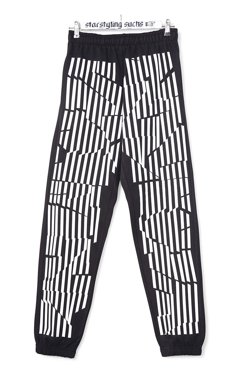 black joggers with stripe print on front and back