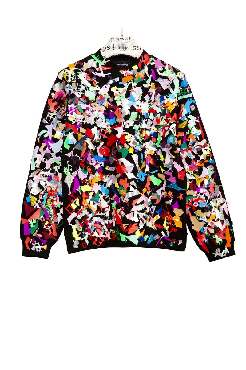 black Jumper with multicolor scrap textured on top
