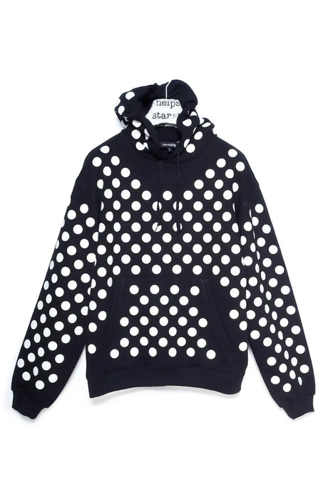 Black hoodie with bold white polka dot pattern and front pocket, unique streetwear design