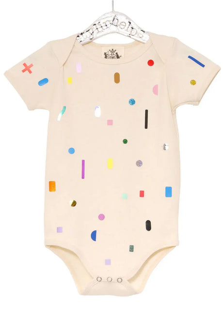 Beige baby bodysuit with colorful geometric shapes, short sleeves, snap closure.