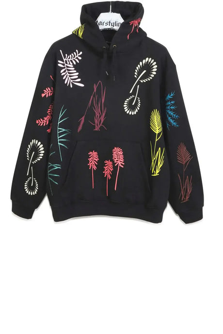 Black hoodie with colorful hand-printed botanical patterns and front pocket