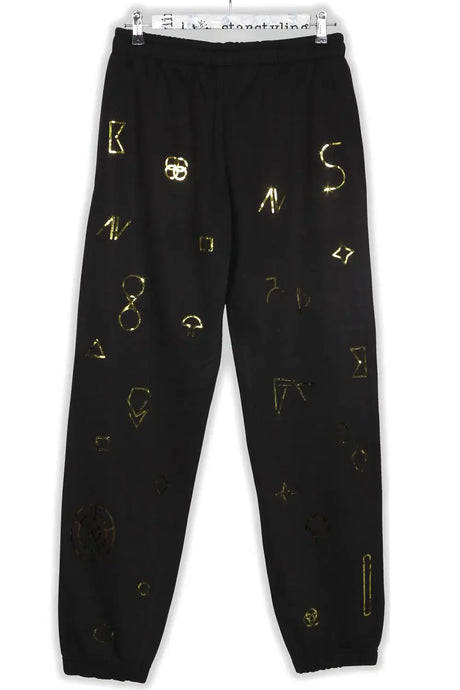 Black joggers with gold geometric symbols, unisex streetwear fashion