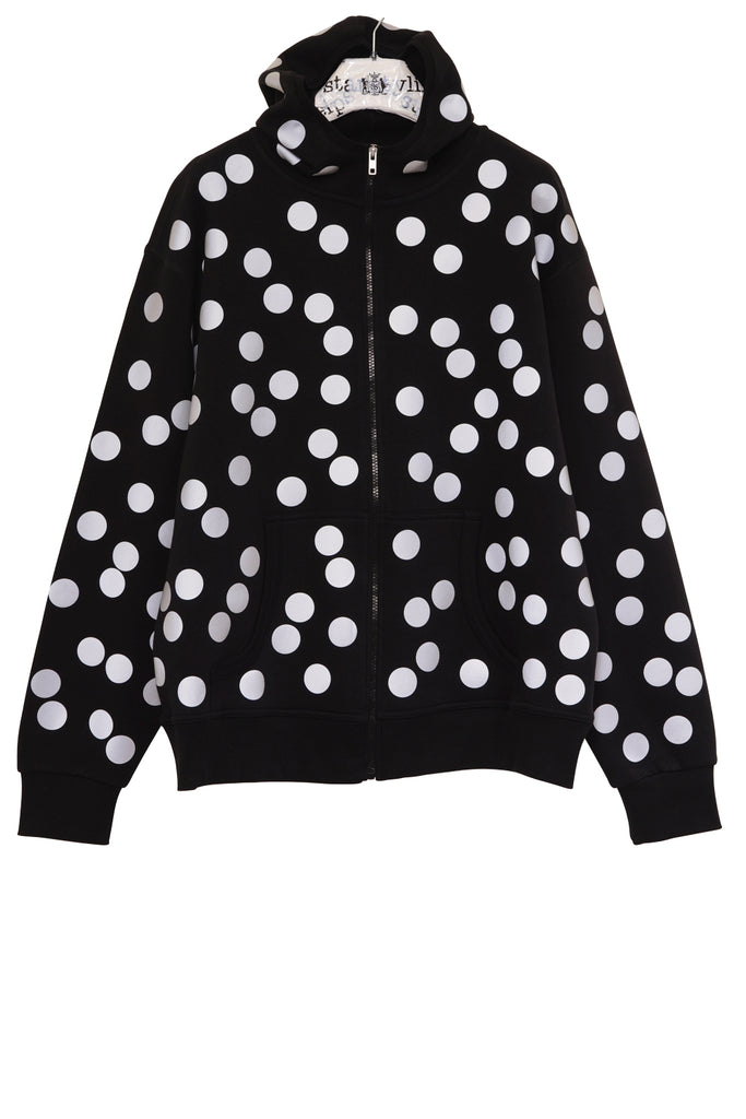 Black Hoody with zipper printed with reflective polka dots on front and back