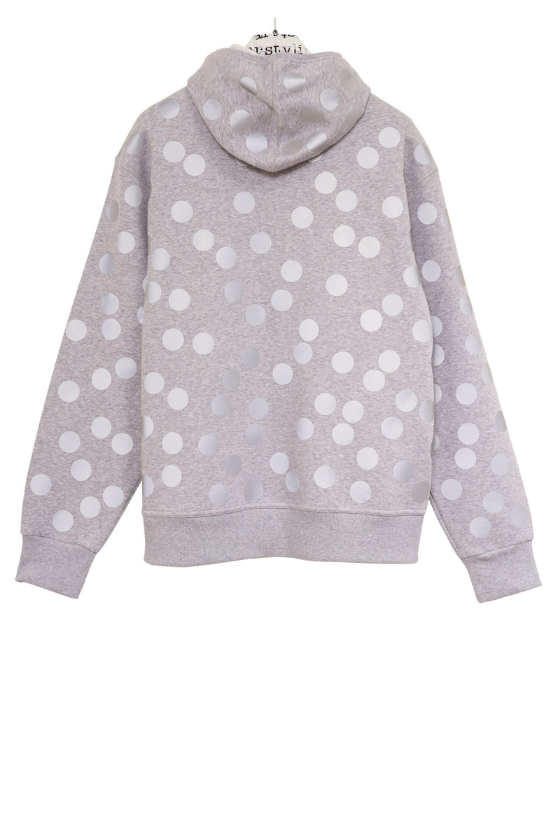 Grey Hoody with zipper printed with reflective polka dots on front and back