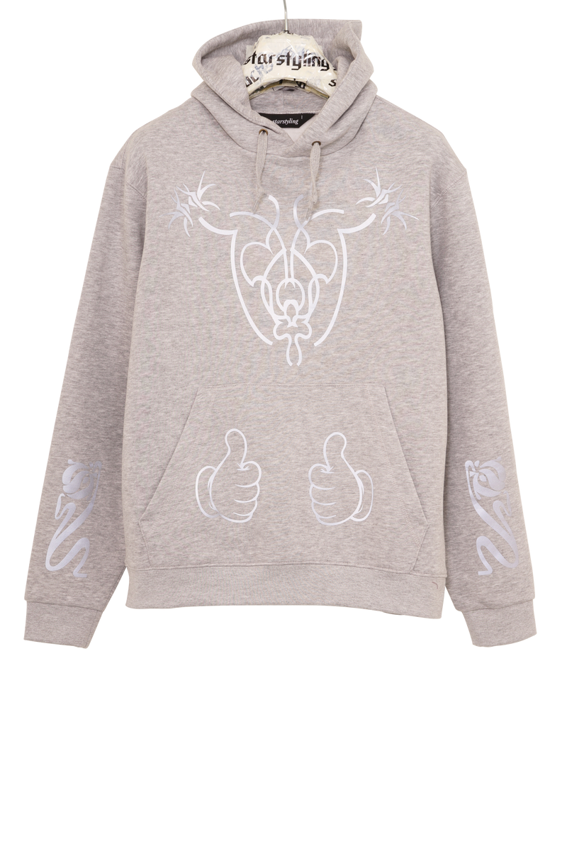 Grey hoody with reflective tribal prints allover