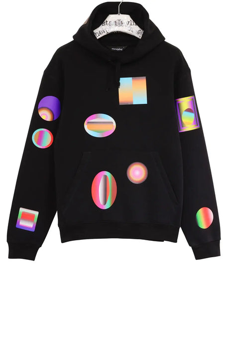Black hoodie with colorful geometric gradient prints, displayed on a hanger