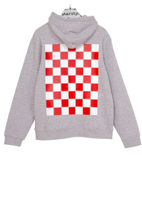 Grey hoodie with bold red and white checkerboard print on the back