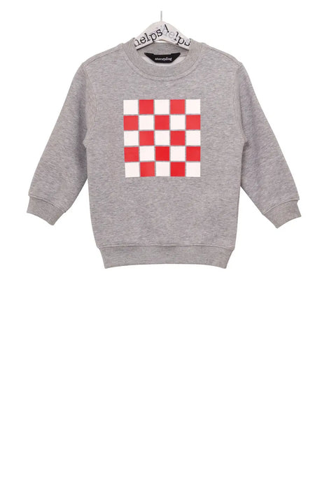 Grey kids' sweater with red and white checkered square print on chest, crew neck style.