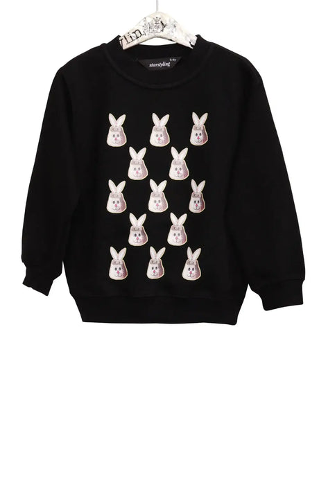 Black kids' sweater with repeated white bunny face print, crewneck, long sleeves