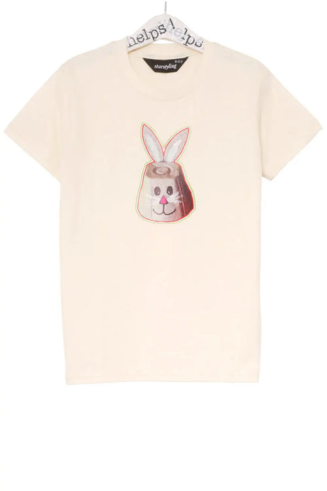 Kids beige t-shirt with playful bunny face print and short sleeves, hanging on hanger