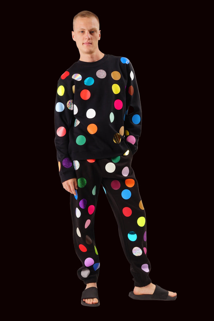 Black jumper printed with colorful polka Dots 