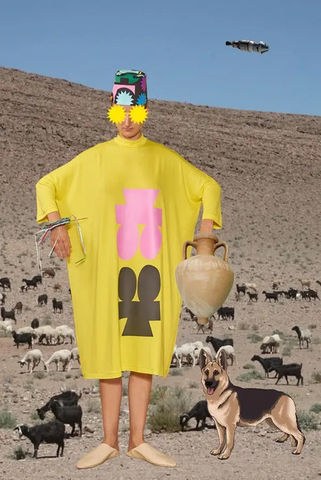Model in yellow kaftan dress with bold graphic print, standing on rocky terrain with goats, illustrated dog, amphora, and colorful hat
