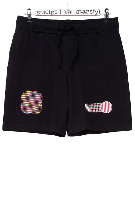 Black shorts with colorful geometric prints, elastic waistband, drawstring, creative design.