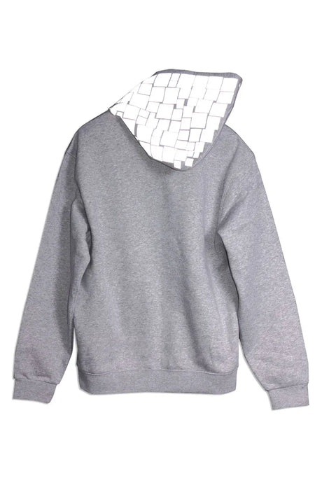 Grey hoodie with reflective mosaic-pattern hood, shown from the back against white background.